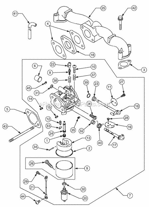 Carburetor/Intake Manifold Diagram and Parts List for 1527 13A-241G100 Cub Cadet Lawn Tractor